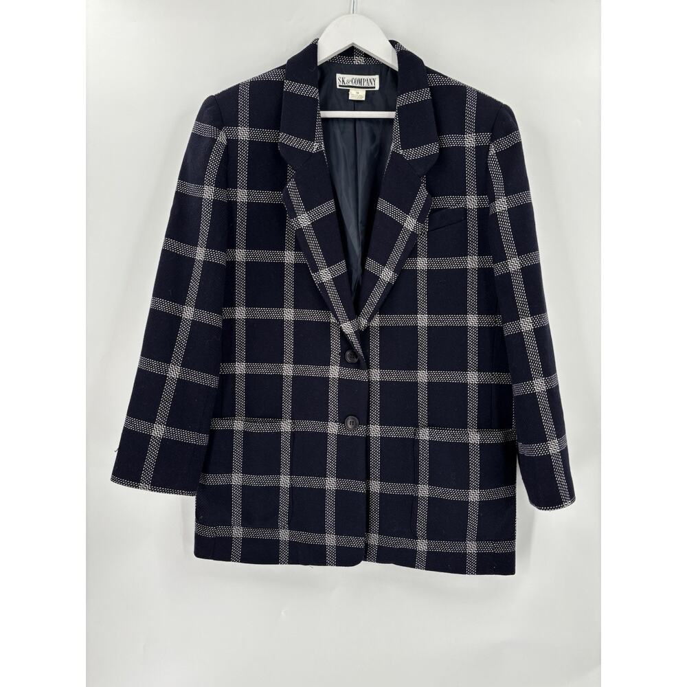 SK & Company Vintage Blazer Jacket Womens 16 Navy Blue White Plaid Wool Blend